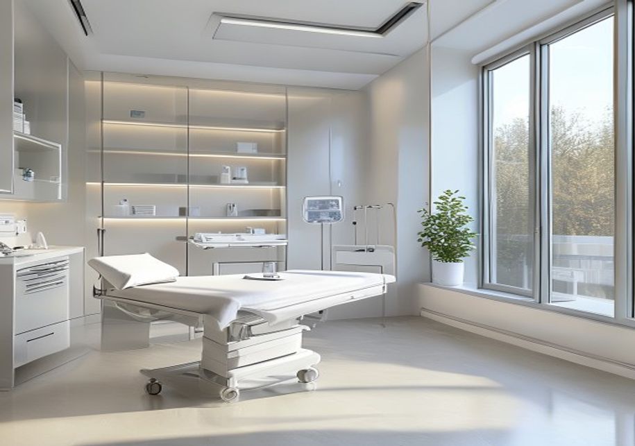 Modernes Behandlungszimmer mit Untersuchungsliege und medizinischer Ausstattung